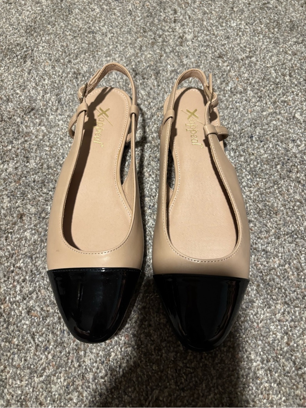 Xappeal Beige and Black Cap-Toe Slingback Flats